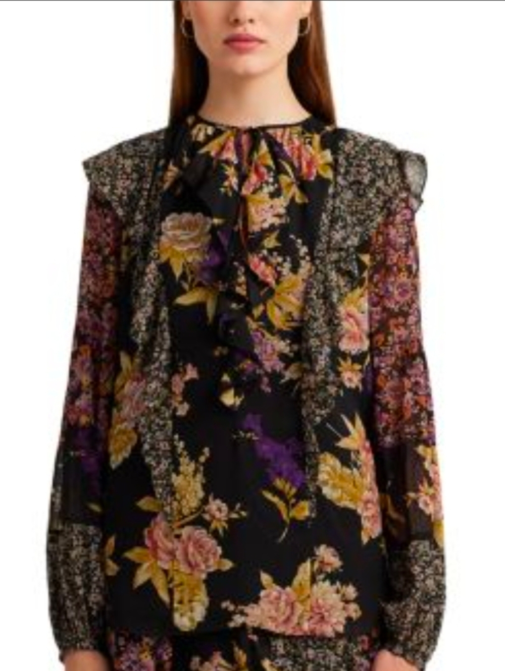 Lauren Ralph Lauren Women's Floral Ruffle-Trim Georgette Blouse Oversize XS $165